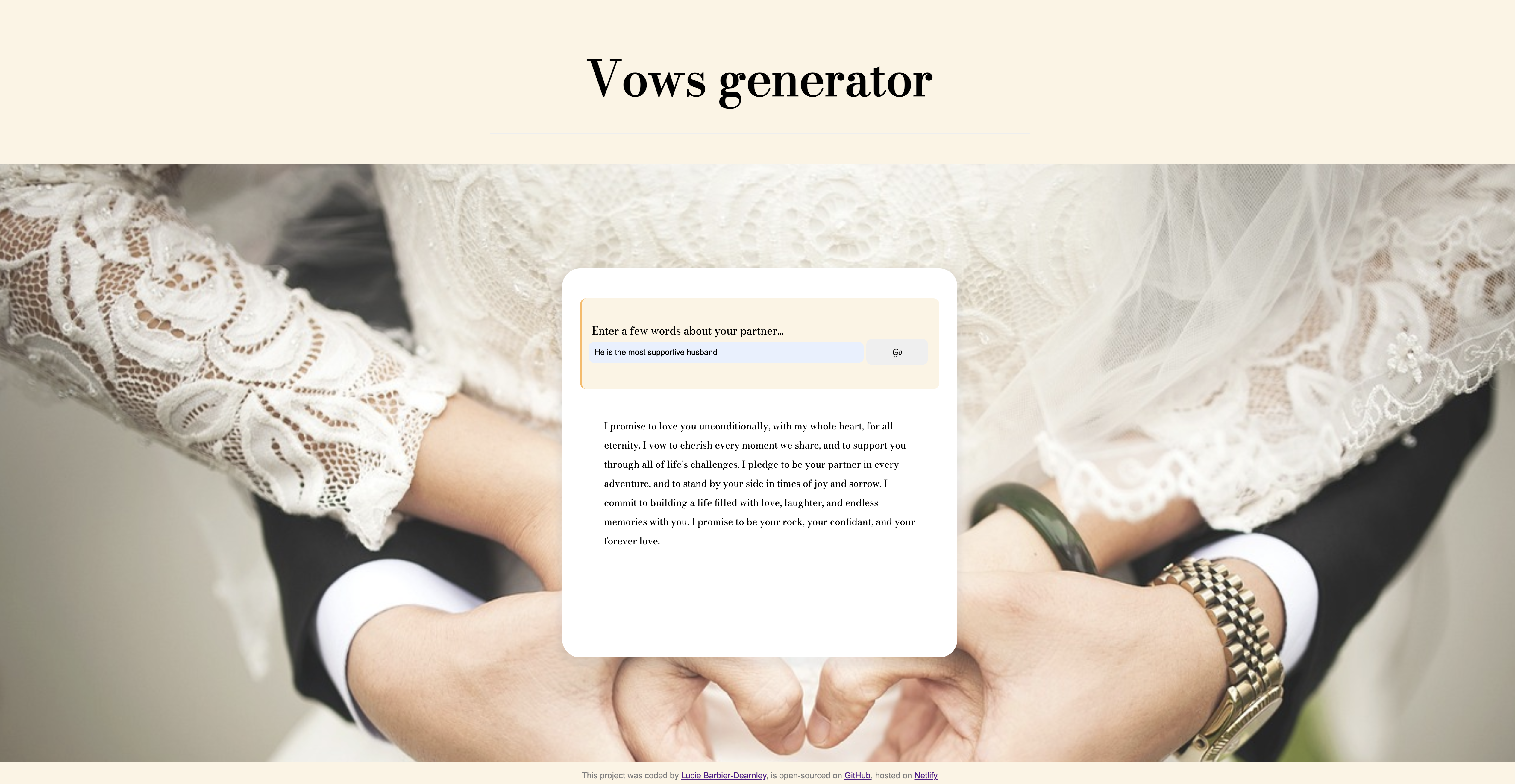 Vows generator app landing page